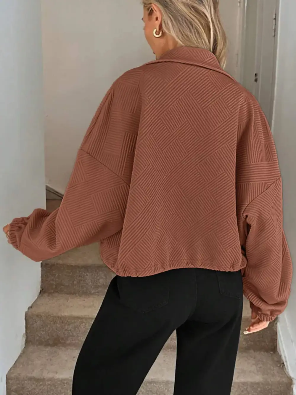 Drawstring Hem Textured Long Sleeve Jacket