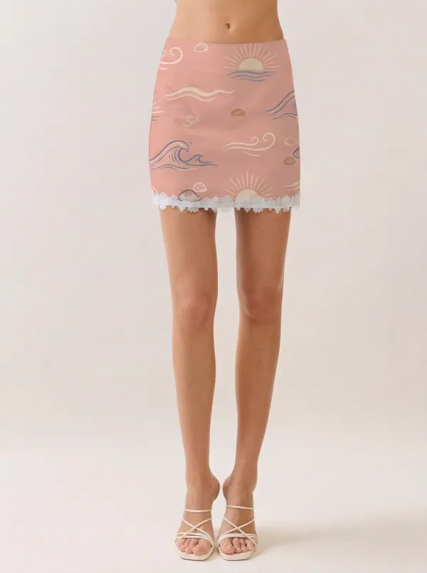 Women's Beach Lover Ocean Wave Sun Printed Lace Trim Mini Skirt