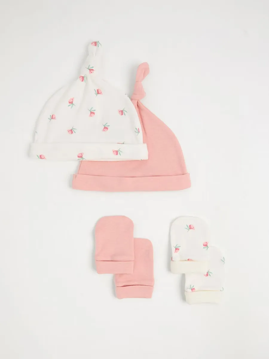 Pink Floral Newborn Hats and Mittens 2 Pack
