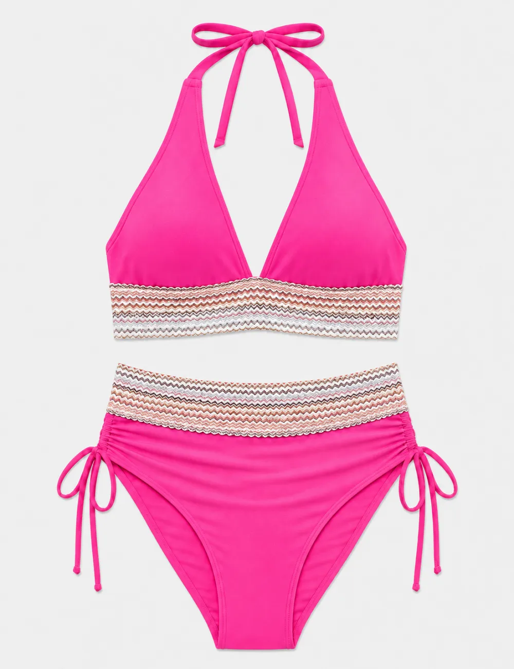Deep V Neck Colorful Zigzag Smocked Trim Bikini Set