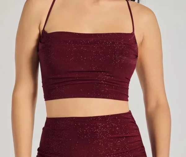 Burgundy Glitter Cowl-Neck Cropped Top