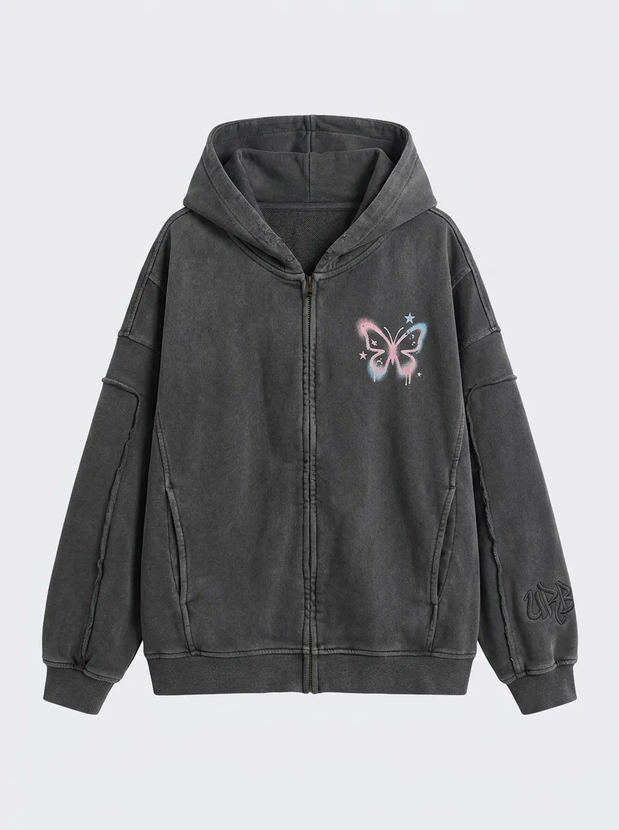 Unisex Streetwear Butterfly Spray Paint Graphic Printed Zip Up Hoodie