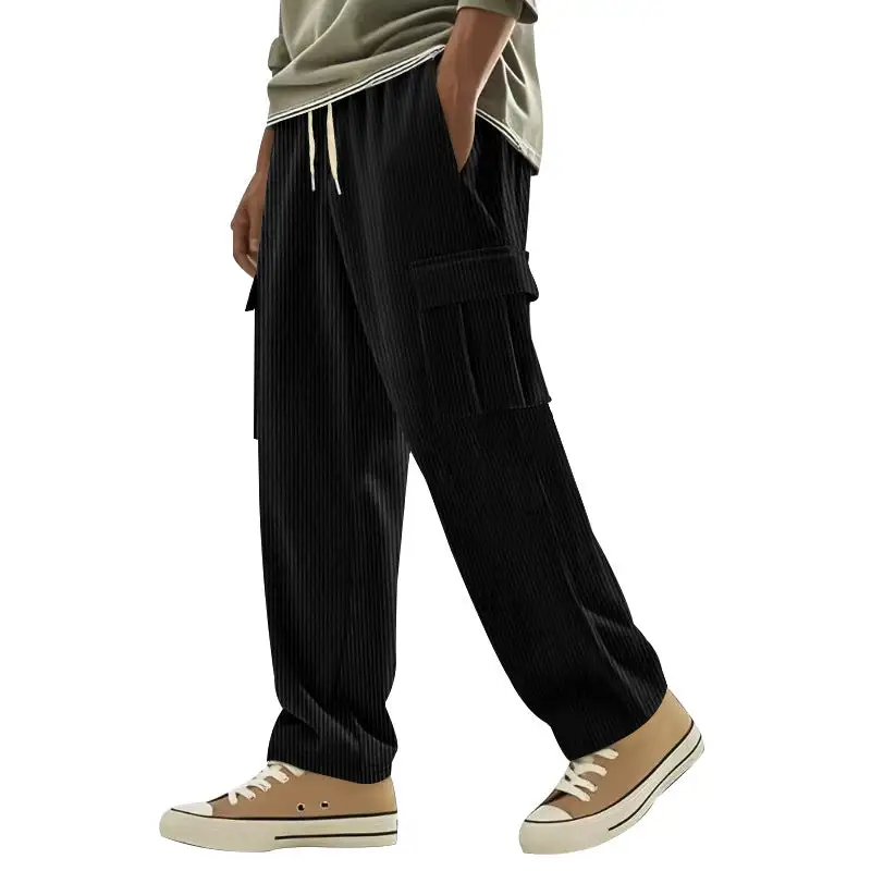 Men's Loose Corduroy Pants with Cargo Pockets and Drawstring Waistband Cargo Pants