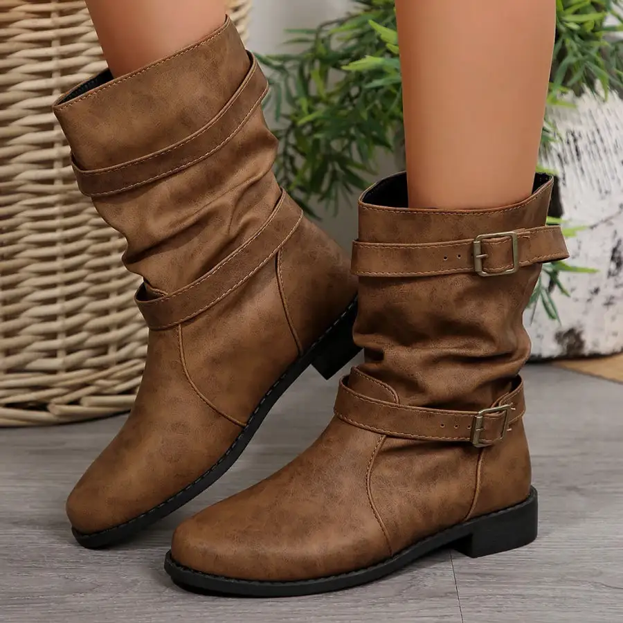 Mid Calf Buckle Strap Boots