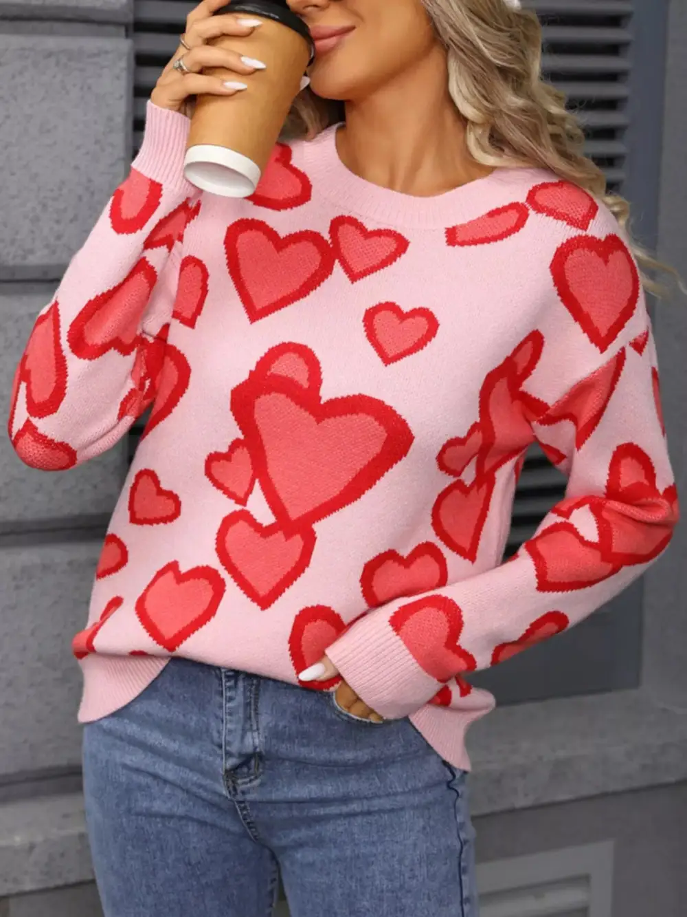 Textured Valentine's Day Heart Crew Neck Sweater