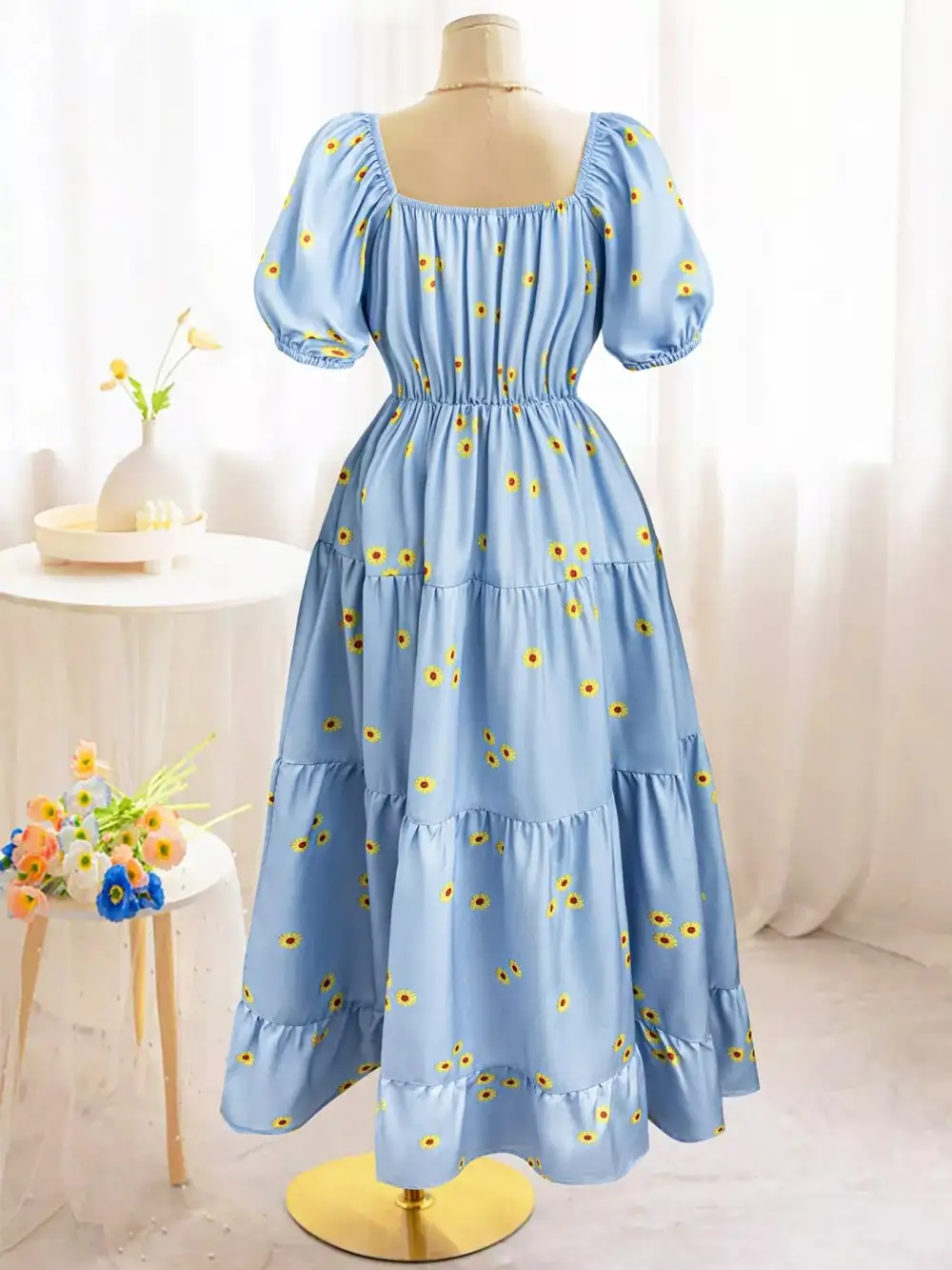 Printed Tiered Puff Sleeve Maxi Dress