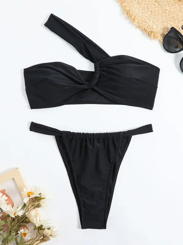 Clean Split One Slant Bikini Top Swim Set