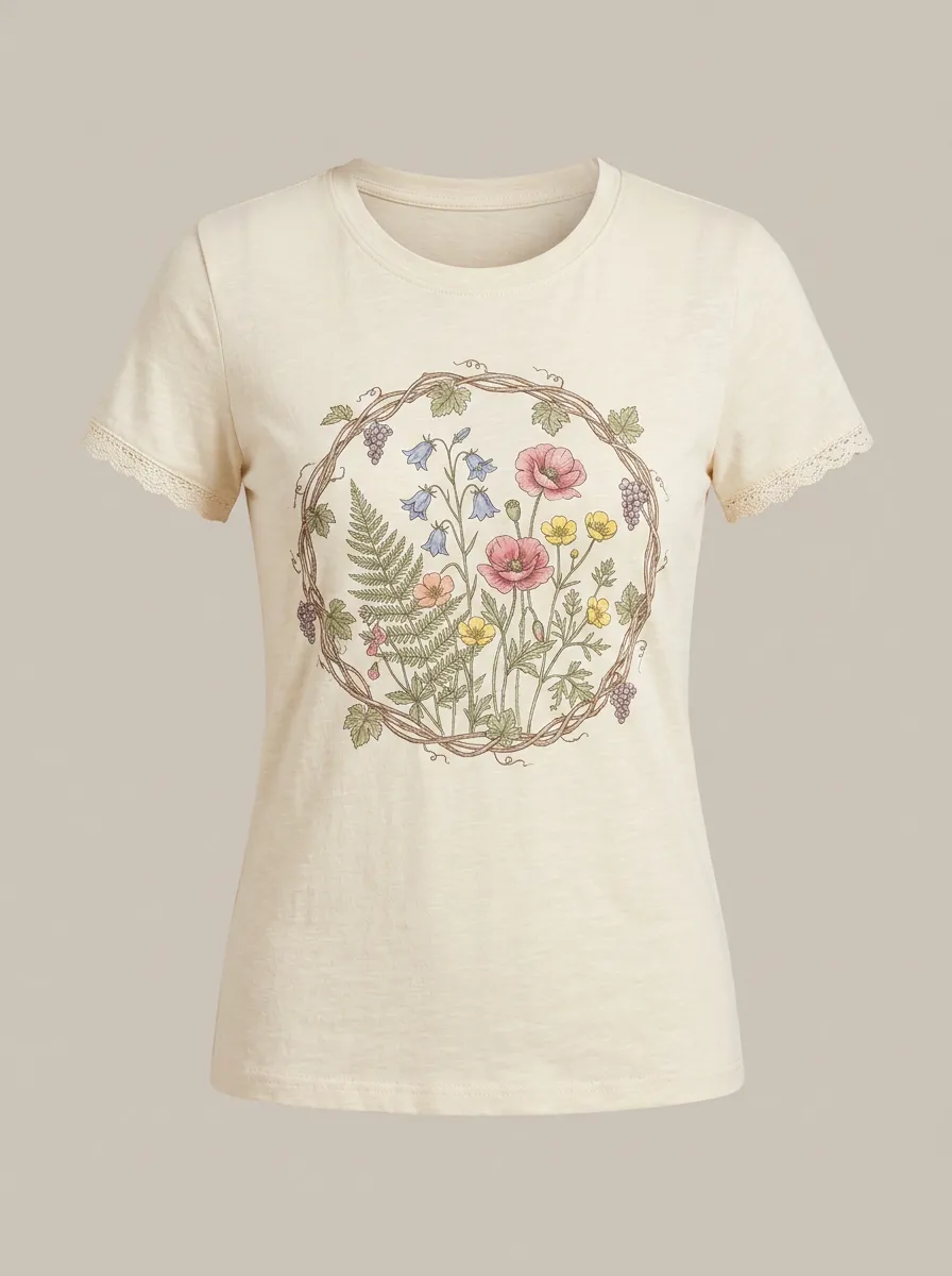 Women's Botanical Nature Lover Wildflower Wreath Printed T-shirt