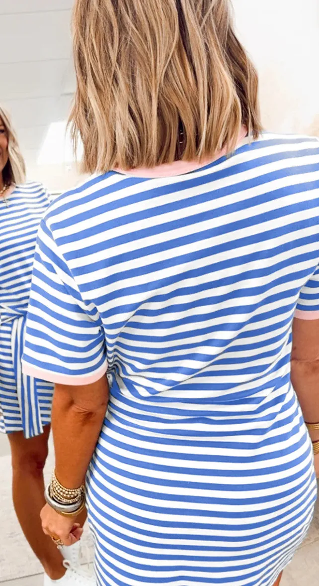 Wide Leg Striped Contrast Trim Round Neck Mini Dress