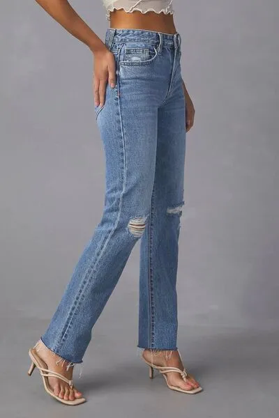 Raw-Hem Distressed Washed Pocketed Straight Leg Jeans