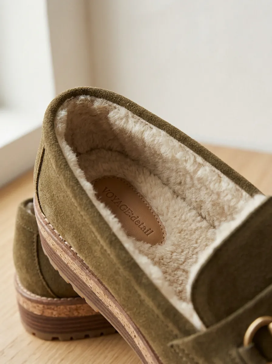 Women's Rugged Faux Fur Lined Metal Detail Suede Wood Sole Loafers