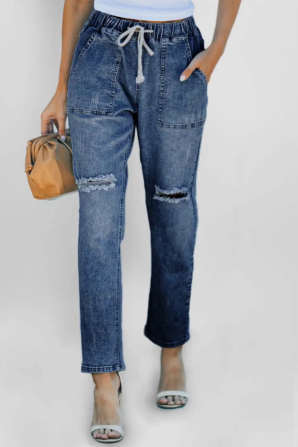 Women's Gather Round Distressed Pocketed Denim Jogger