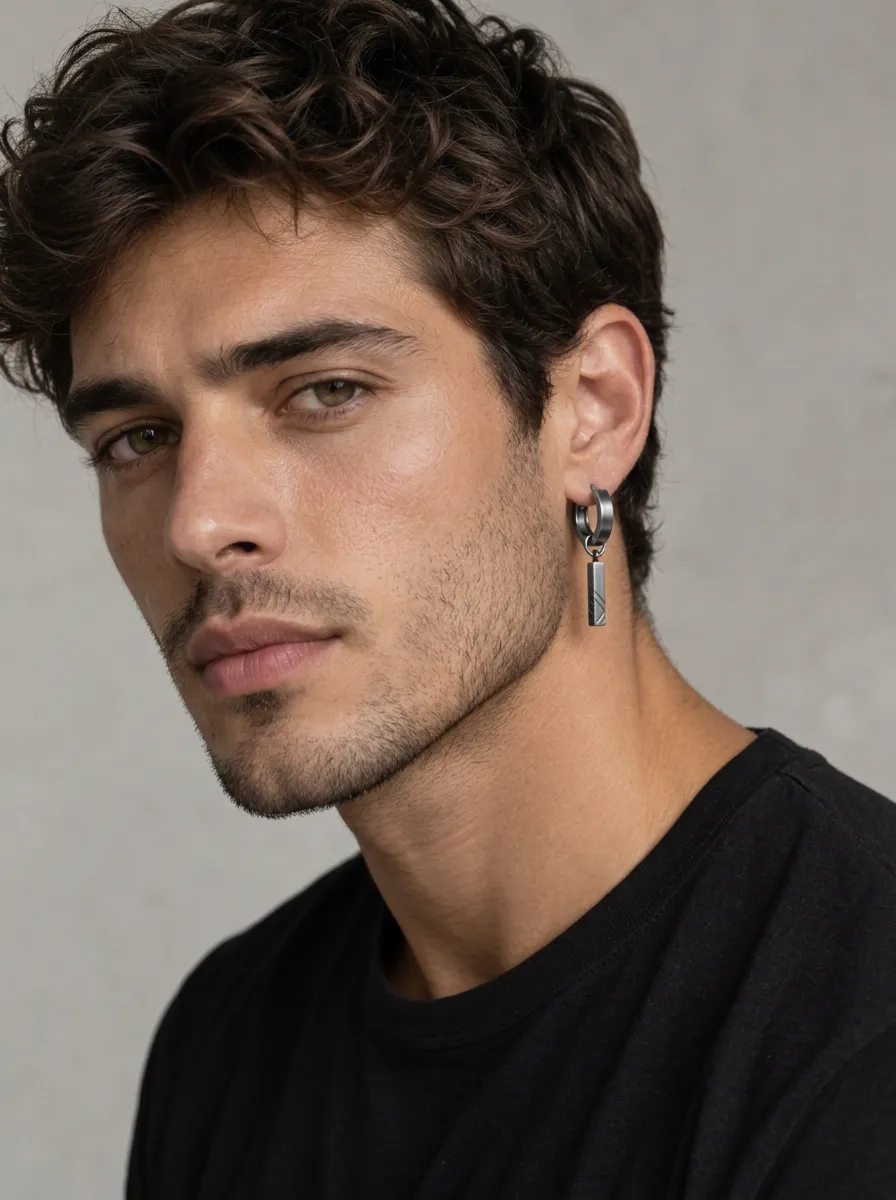 Men's Minimalist Geometric Bar Drop Hoop Earrings