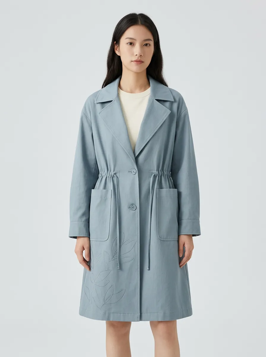 Botanical Nature Lover Leaf Embroidered Printed Trench Coat