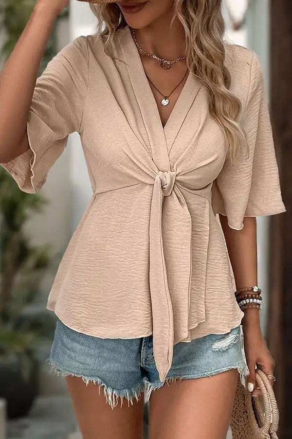 Color V Neck Knot Front Casual Tops