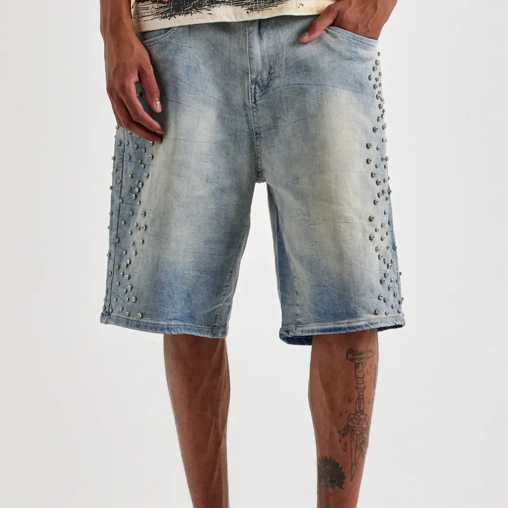 Cross Detail Rhinestone Denim Shorts