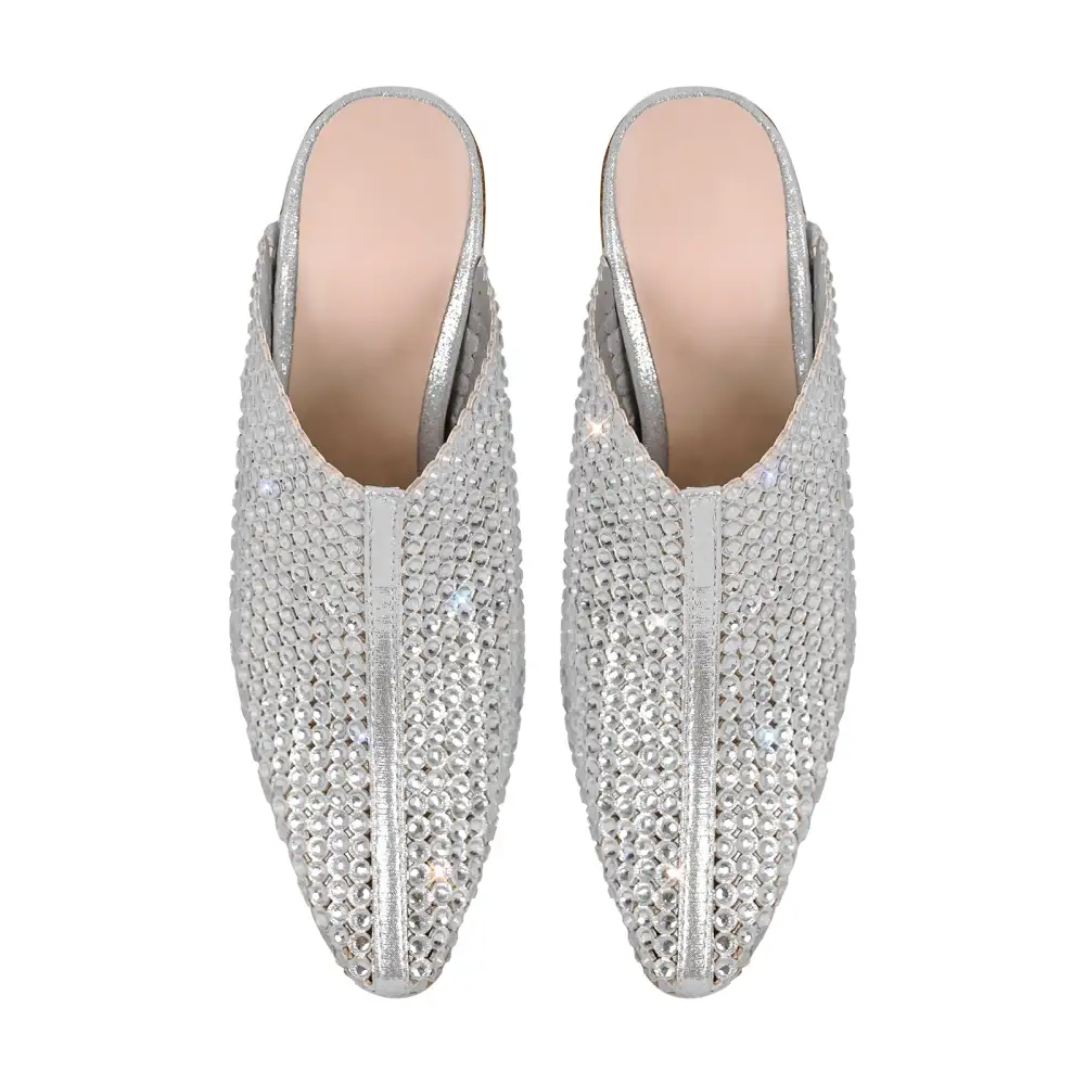 Rhinestone Pointed Toe Chunky Heel Heeled Mules