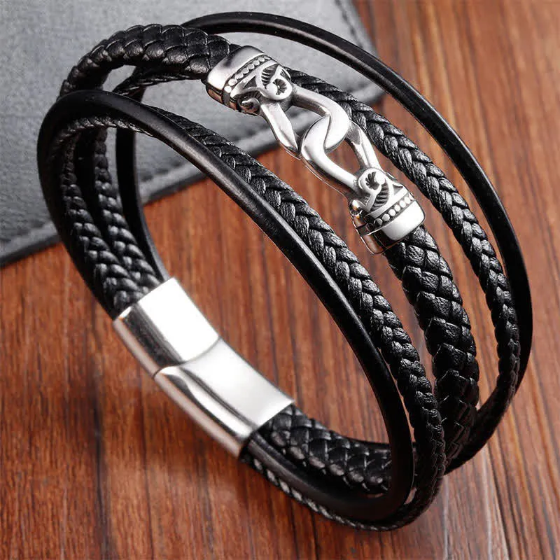 Leather Braided Titanium Steel Durability Double Wrap Bracelet