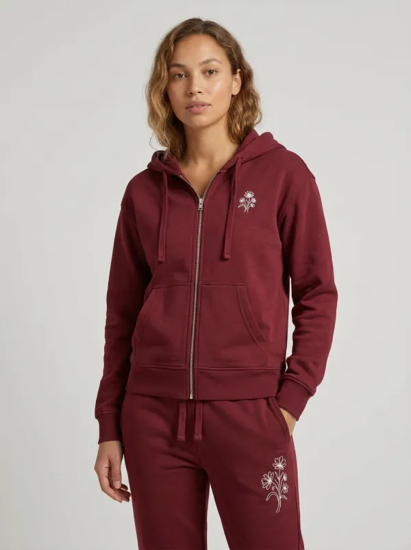 Women's Sage Green Floral Embroidered Elastic Waist Zip-Up Hoodie Jacket & Jogger Set