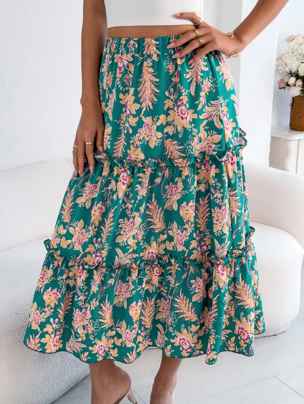 Floral Ruffle Midi Skirt