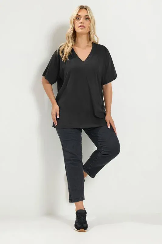 Black V-neckline Longline T-Shirt