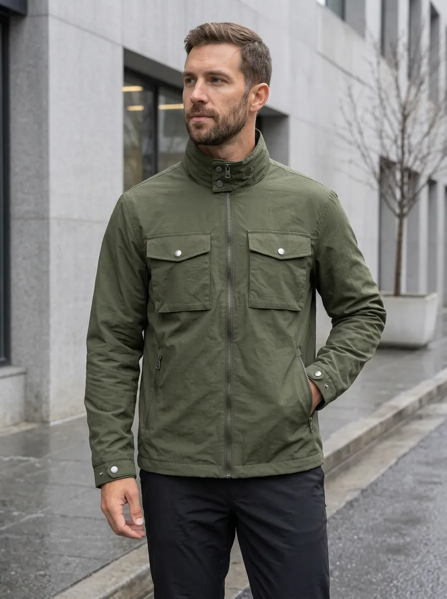 Men's Olive Green Waterproof Jacket with a Stand Collar