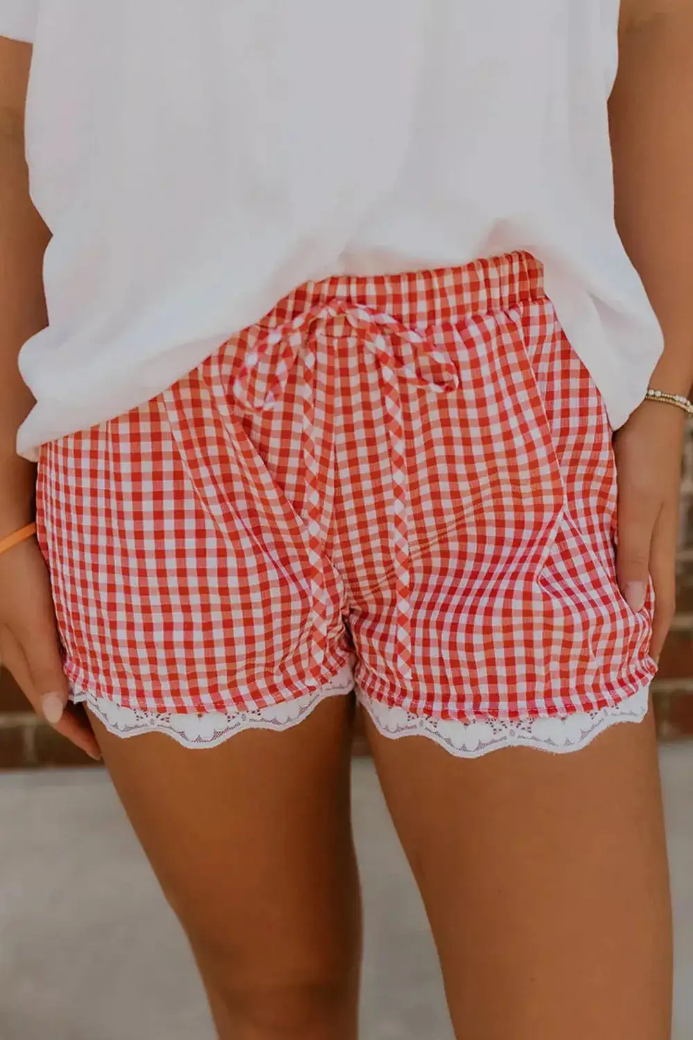 Drawstring Elastic-Waist Cotton Plaid Casual Shorts