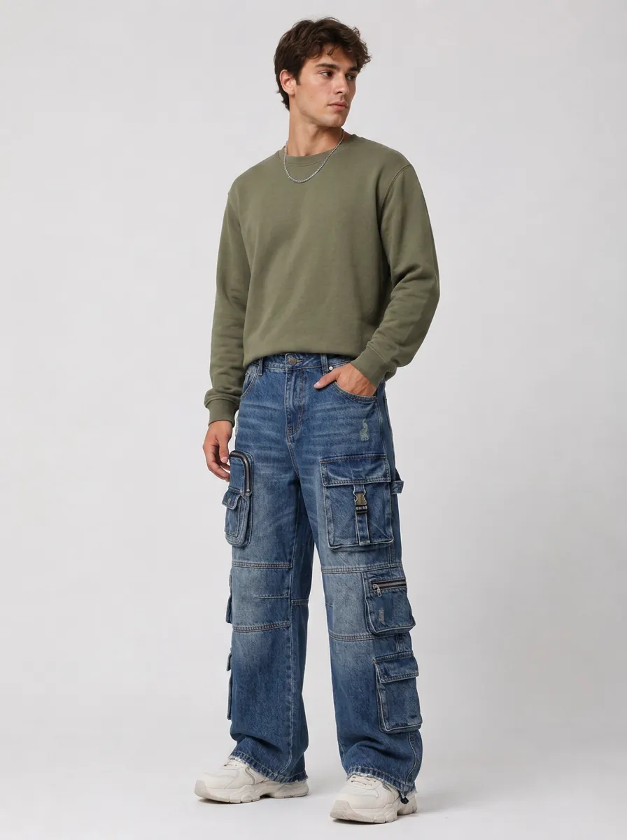 Men's Distressed Multi-Pocket Button Zip Fly Cargo Jeans
