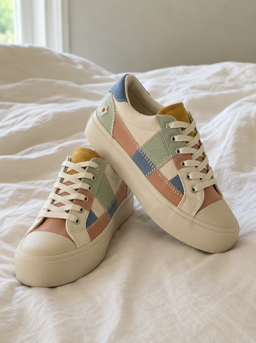 Women's Floral Patchwork Pastel Stitched Canvas Shoes