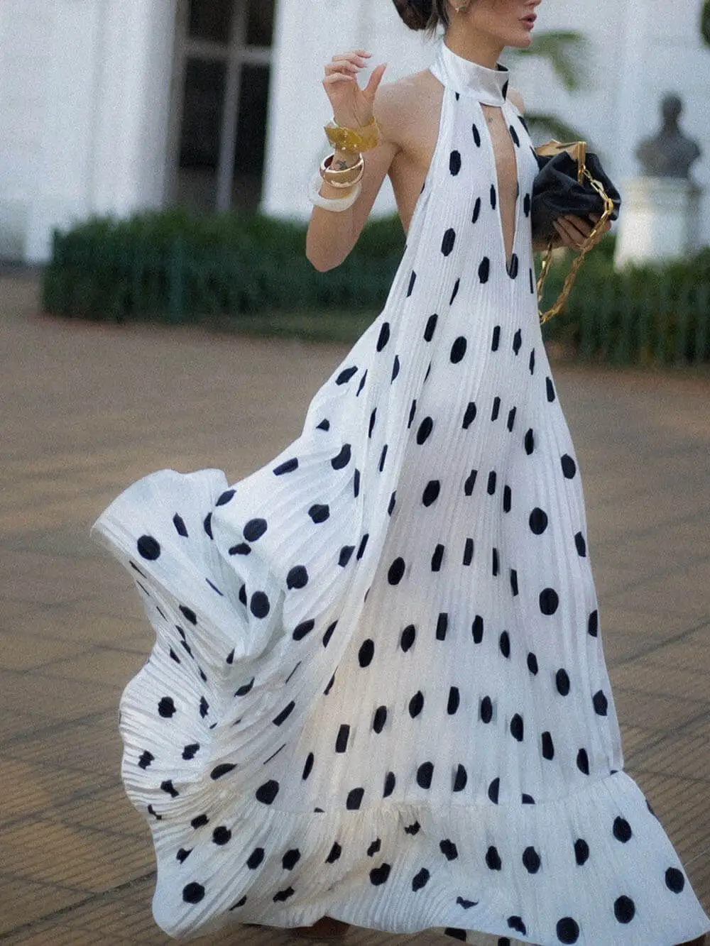 Polka Dot Backless Halter Maxi Gown