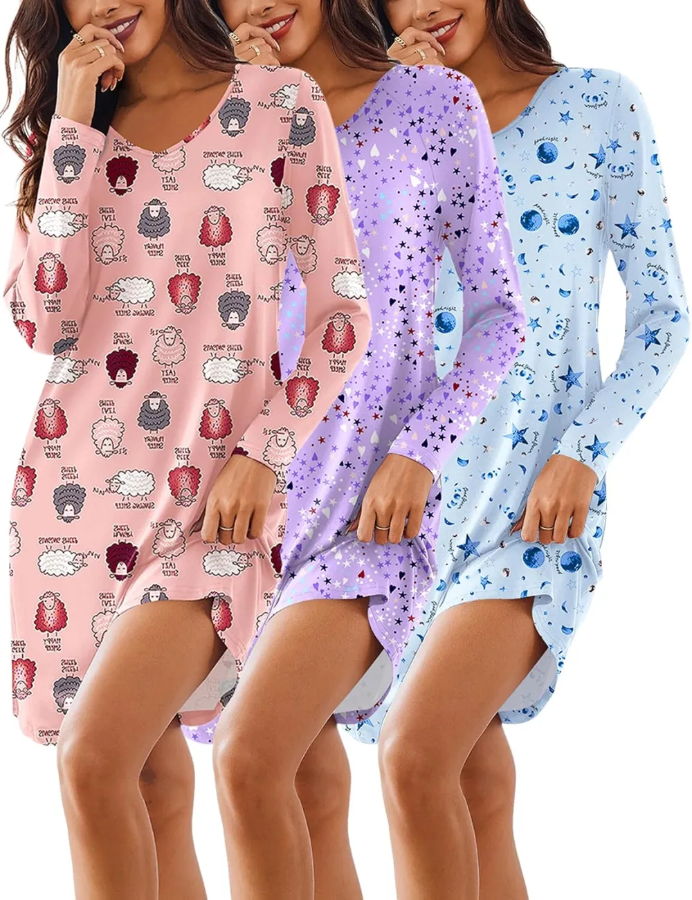 Ekouaer 3 Pack Long Sleeve Nightgowns for Women Casual Sleepwear Nightshirt