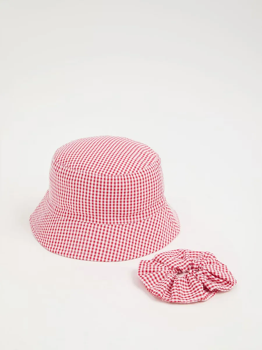 Red Gingham Bucket Hat and Scrunchie Set