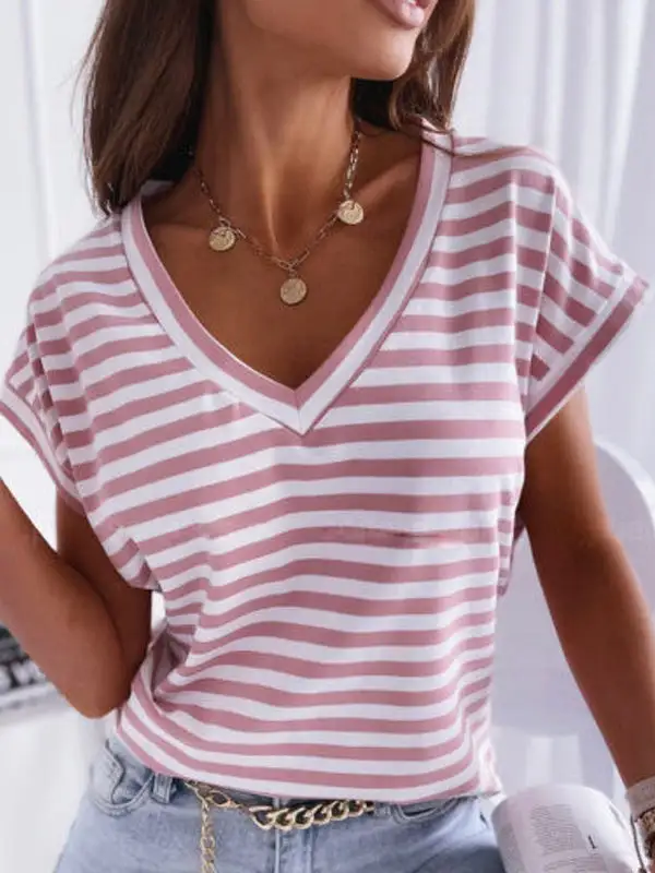 Casual Relaxed Stripe V-Neck T-Shirt