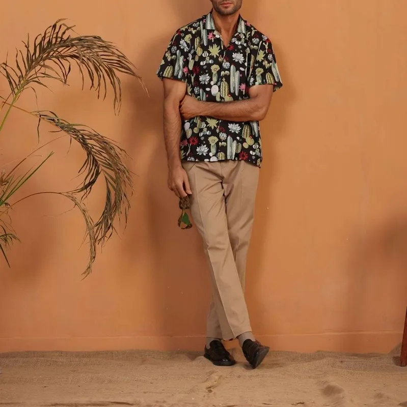 Black Cactus Mulmul Cotton Camp Collar Shirt