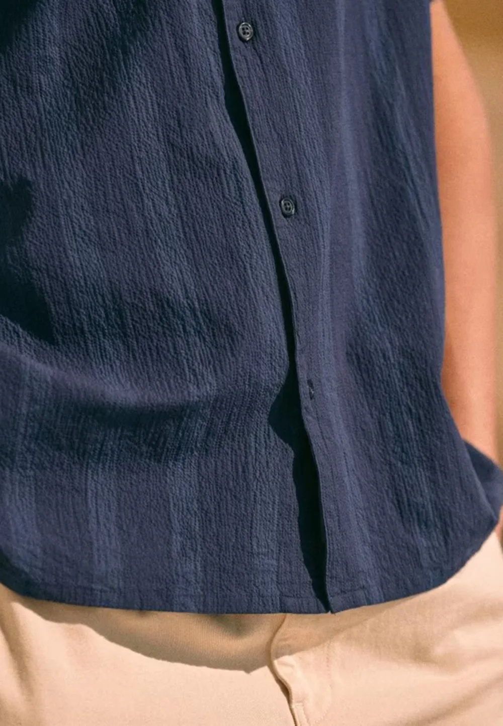 Navy Blue Seersucker Camp Collar Short Sleeve Shirt
