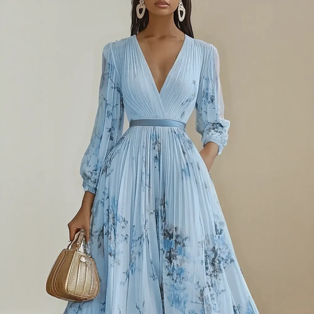  Pleated V Neck Maxi Dress