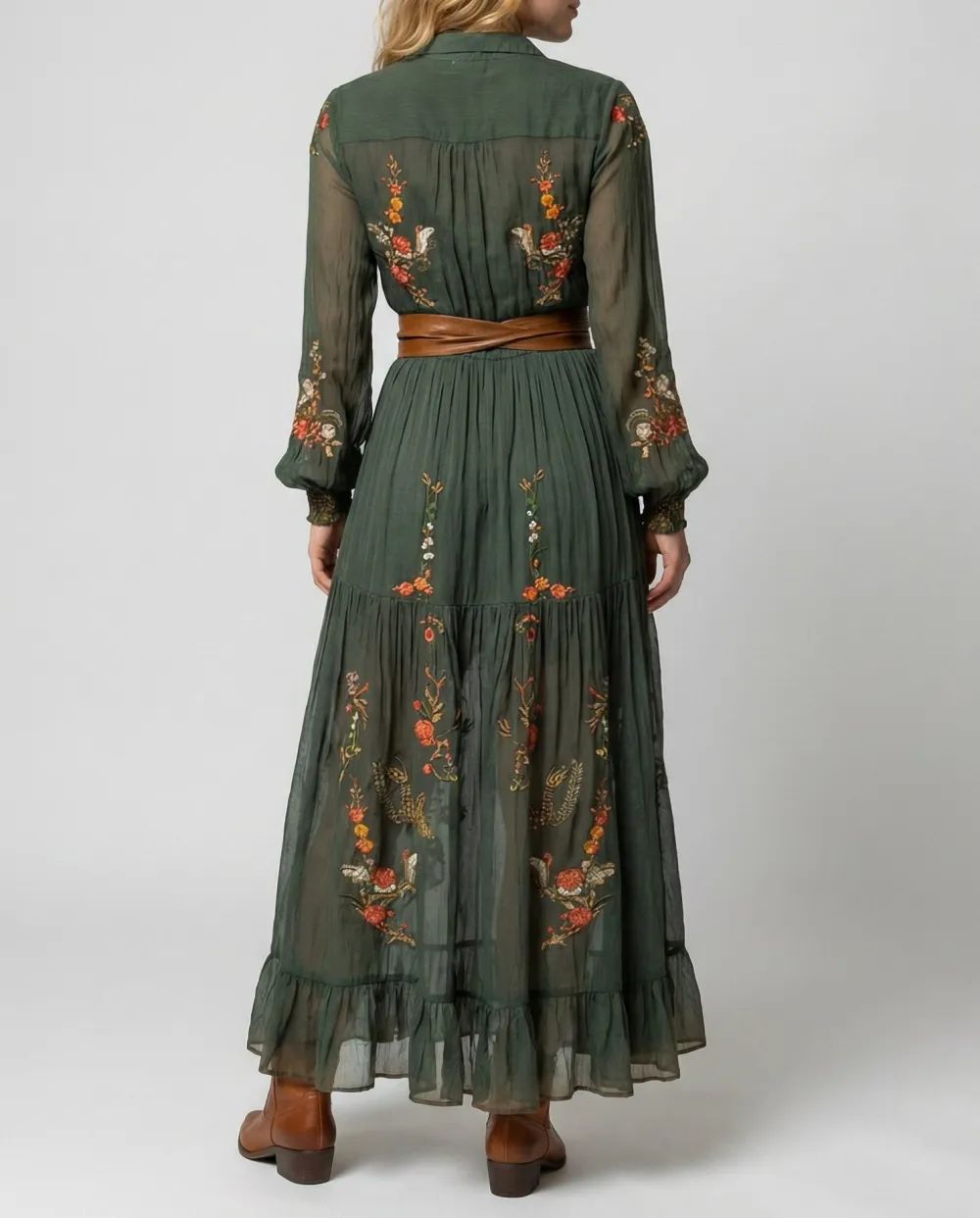 Women's V-Neck Long-Sleeve Boho Maxi Dress