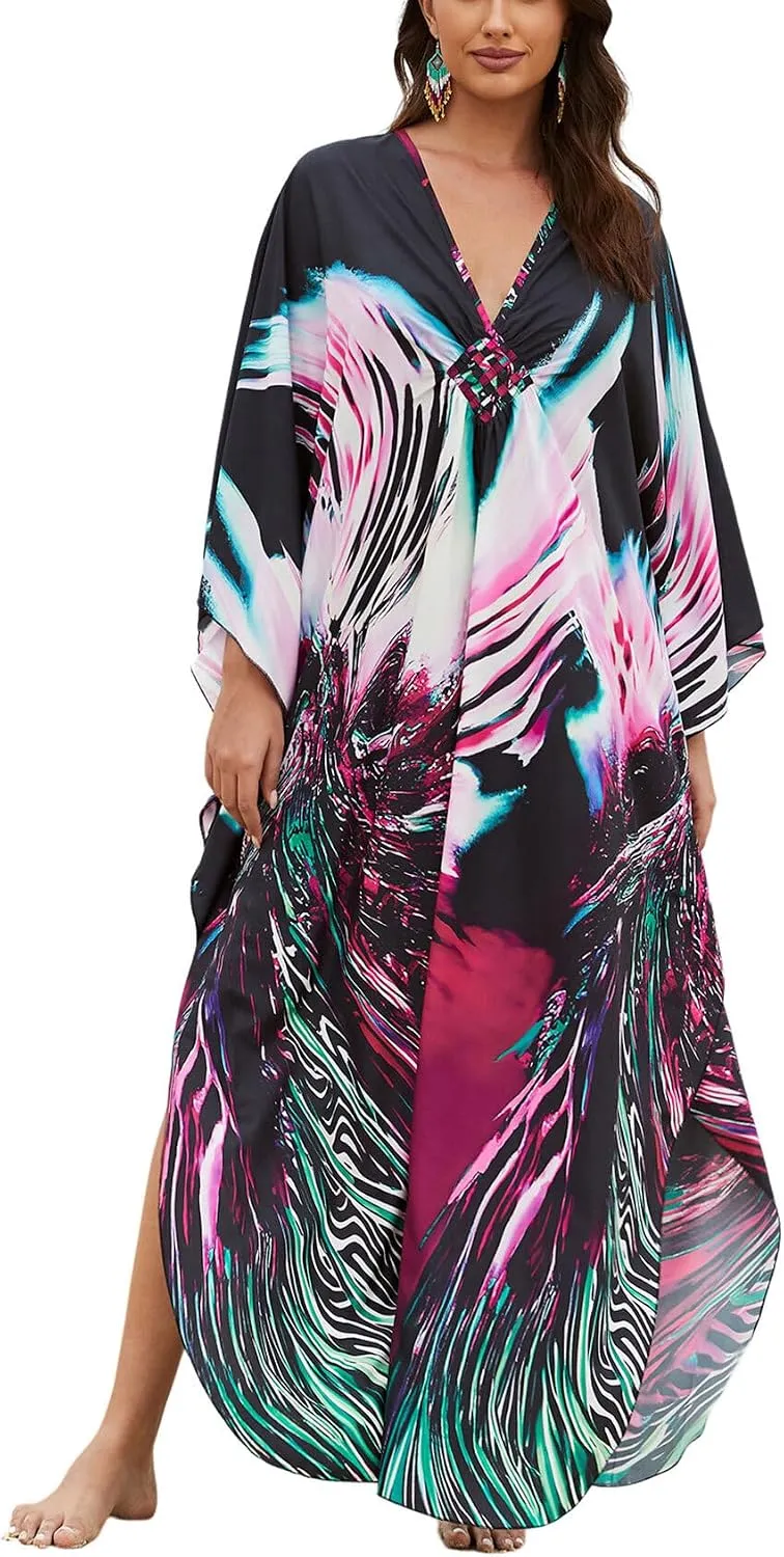 KECVOT Kaftan Dresses for Women Plus Size Batwing Sleeve Caftans Long Bathing Suit Cover Up Maxi Beach Dress Loungewear