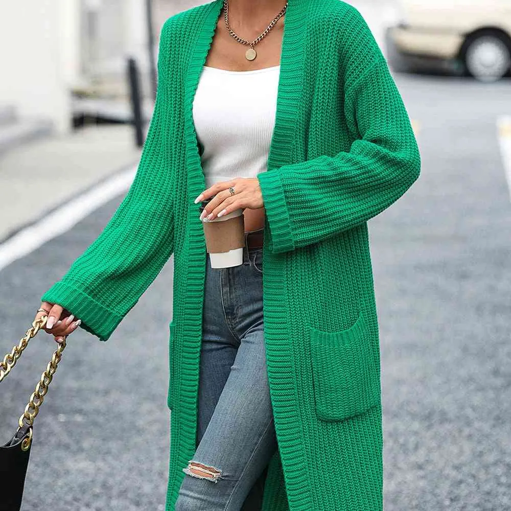 Open Front Dropped Shoulder Pocket Detail Cardigan