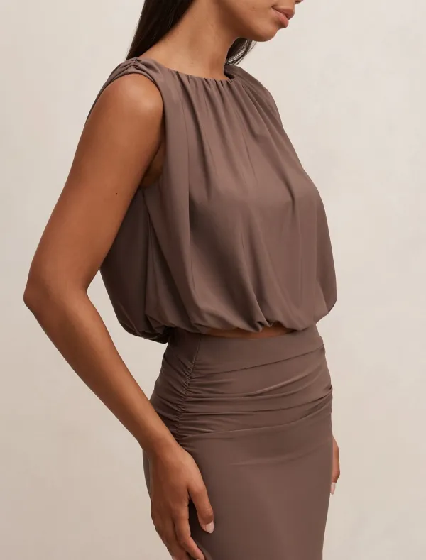Brown Sleeveless Bubble Hem Ruched Top