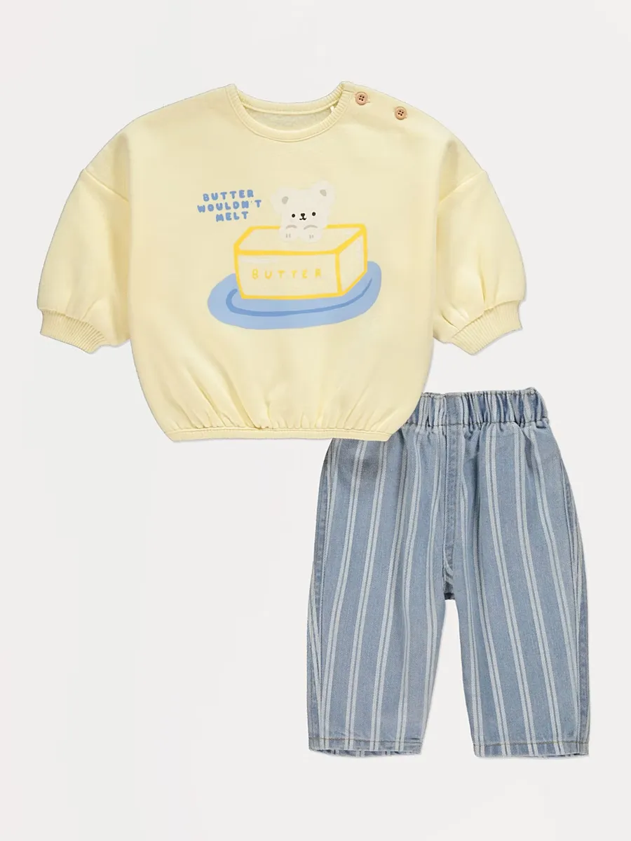 Butter Yellow Sweatshirt and Striped Jeans Outfit