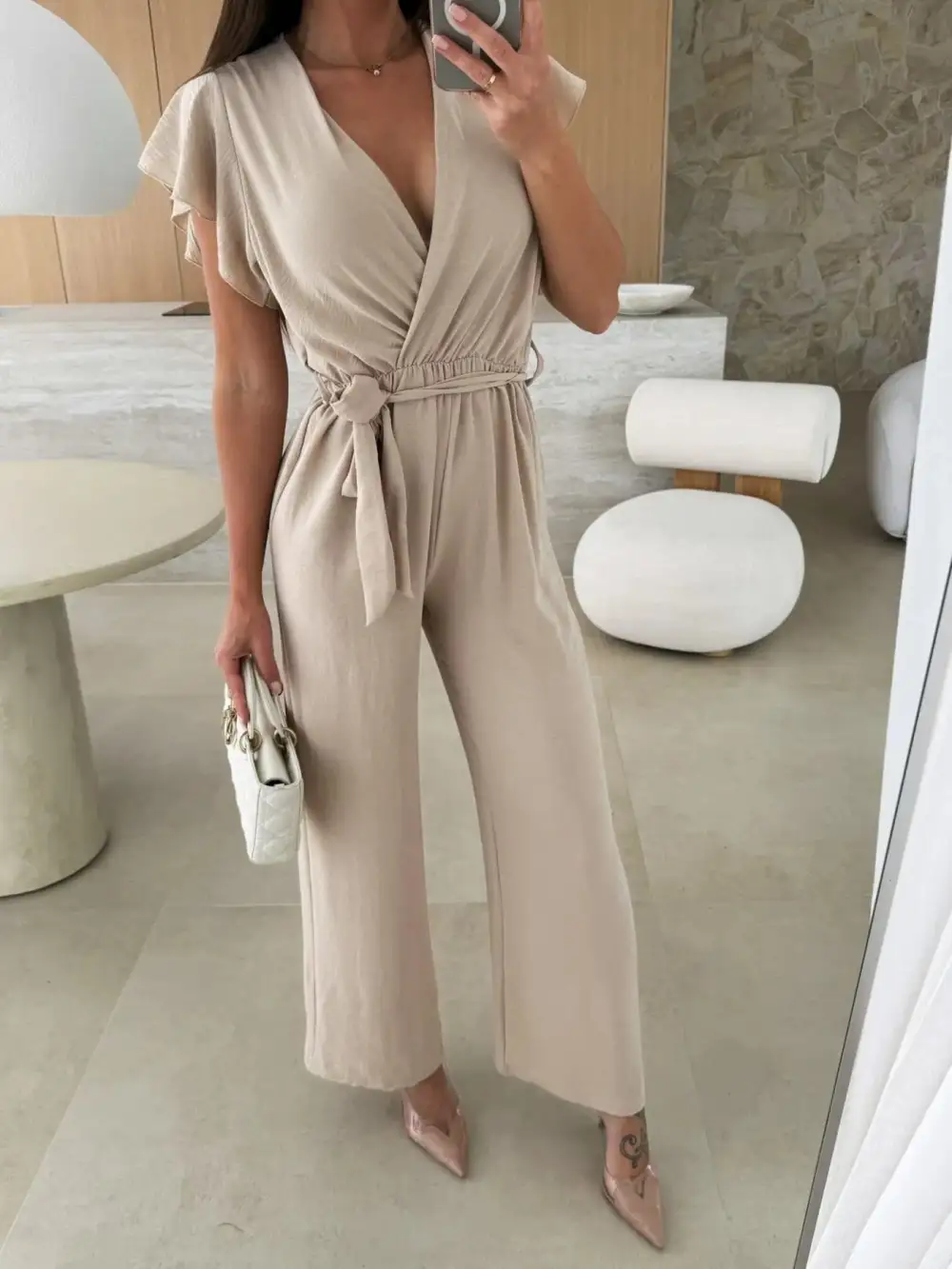 Surplice Wide Leg Belted Jumpsuit Pants