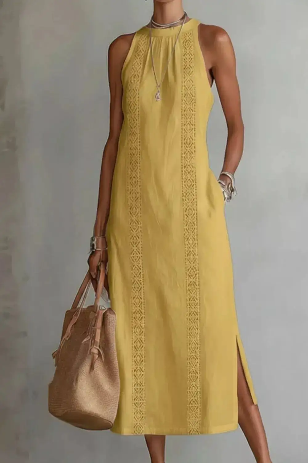 Pocketed Slit Sleeveless Dress Casual