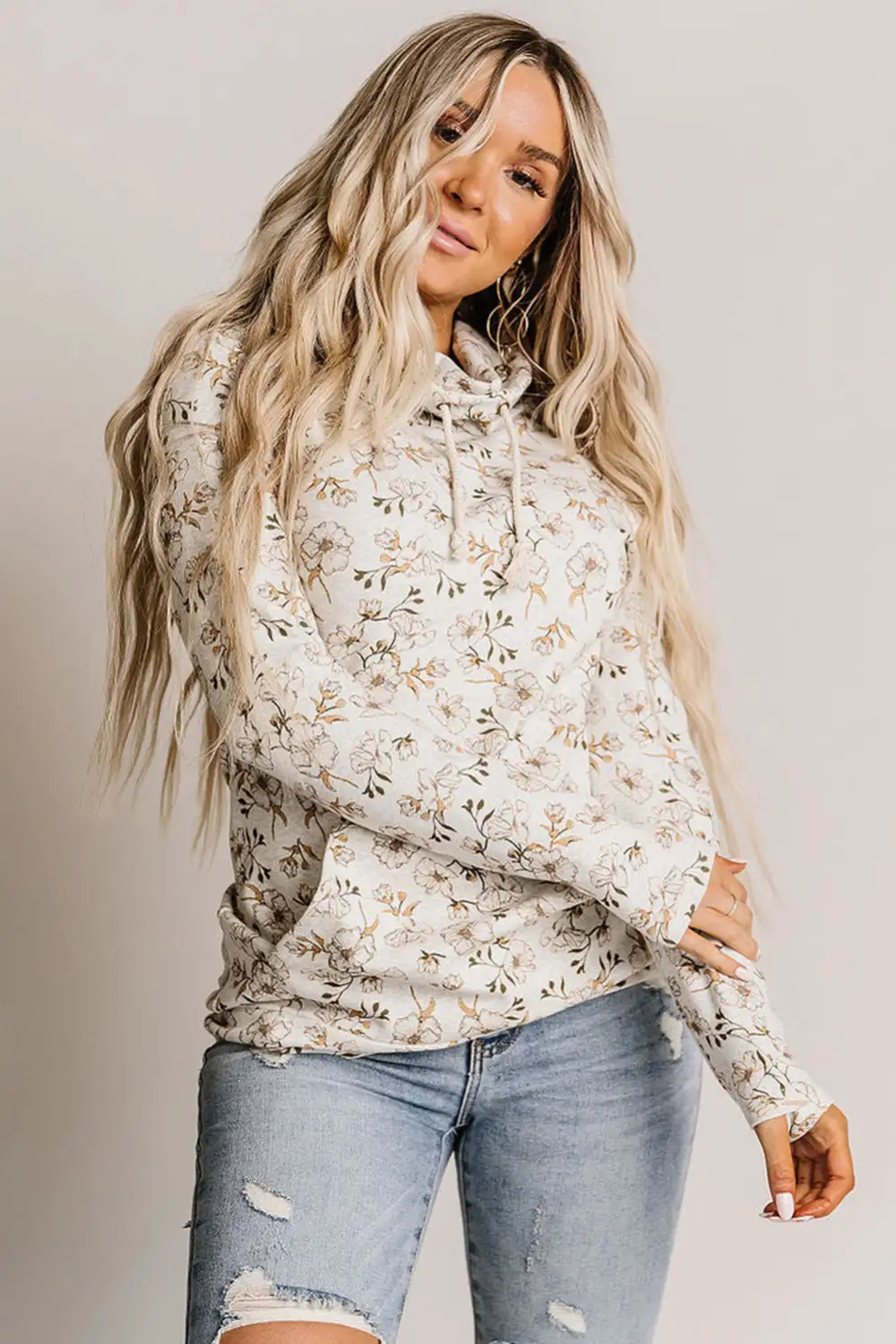 Cowl Neck Floral Print Sweatshirt