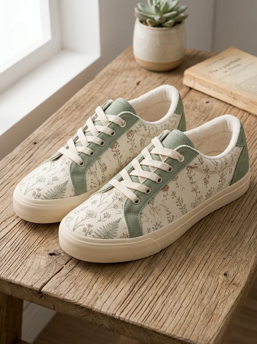 Women's Botanical Wildflower Sage Green Printed Canvas Shoes