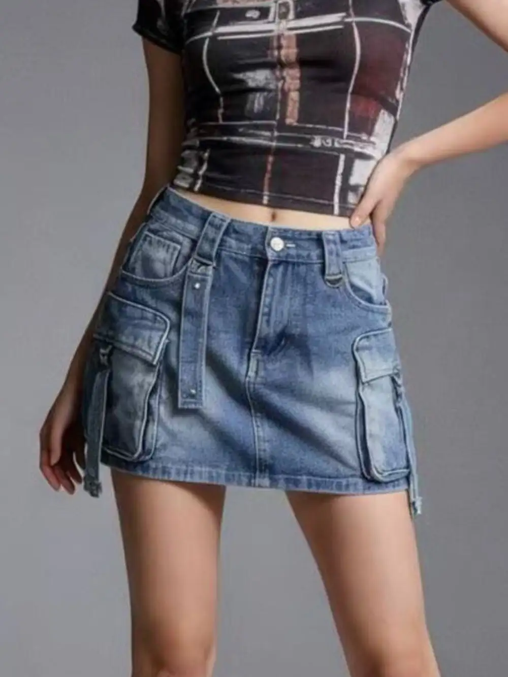 Comfort Button Front Denim Detail Skirt