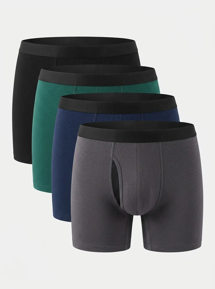 Men's Solid Basic Breathable Contrast Waistband 4-Pack Boxer Briefs