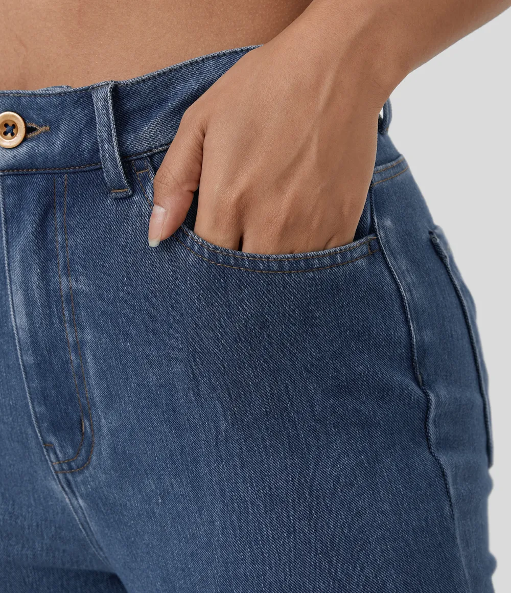 Magic High Waisted Button Zipper Multiple Pockets Stretchy Knit Casual Jeans