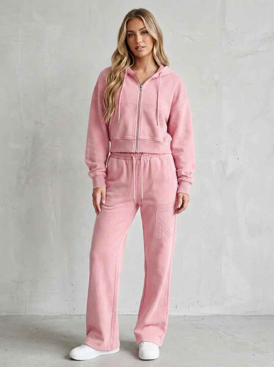 Women's Washed Embroidered Detail Vintage Inspired Cropped Hooded Jacket and Flare Pants Active Set