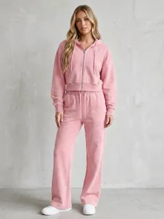 Women's Washed Embroidered Detail Vintage Inspired Cropped Hooded Jacket and Flare Pants Active Set